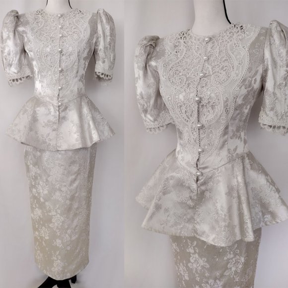Vintage 1980s Jessica McClintock Silver Brocade Peplum Jacket and Skirt